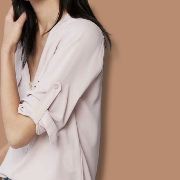 EXPRESS Blouse Chelsea Popover Pastel Dusty Rose Pink 1/4 Zip Tab Sleeves Size M - Picture 9 of 16